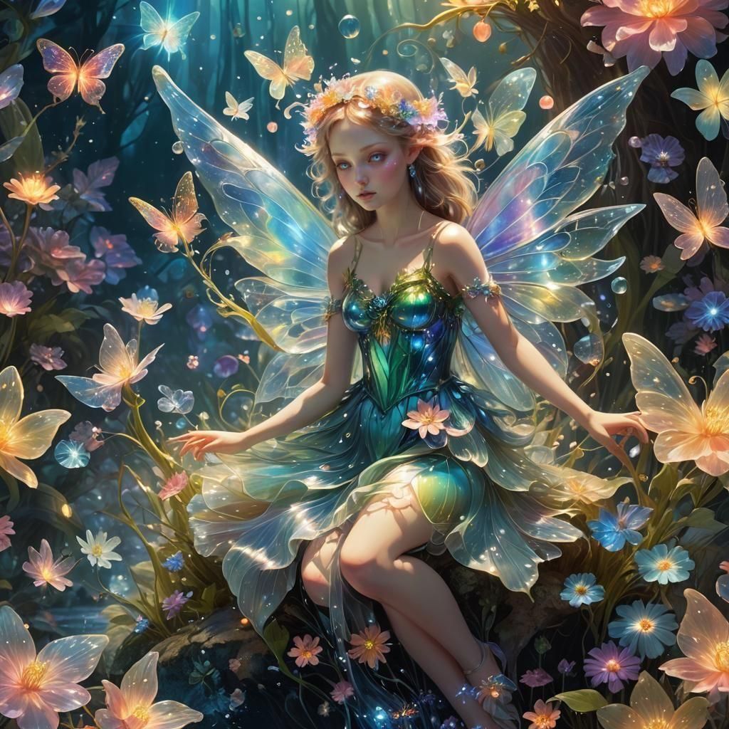 Bioluminescent Fairy Blending with Crystal Flower