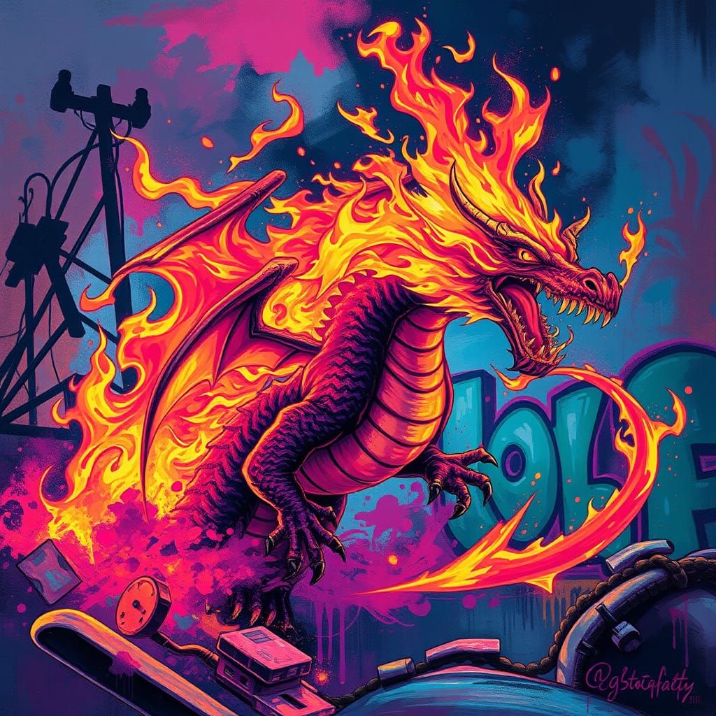 Neon Flame Dragon in Graffiti Street Art Style