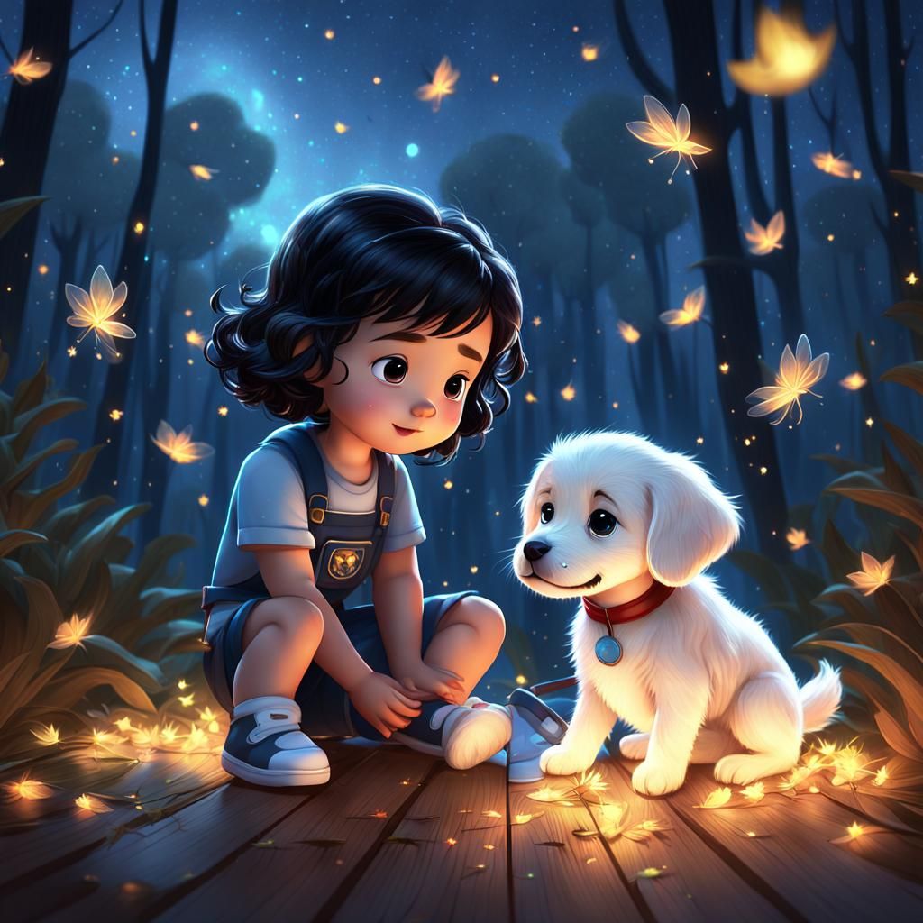 Chibi Toddler and Puppy Playing Under Night Sky