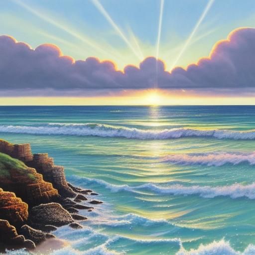 Dramatic Beach Sunset with Lighthouse, Gouache Painting