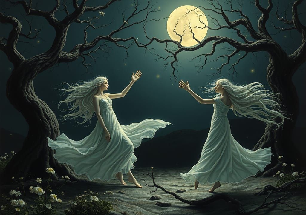 Ethereal Figures Dancing in Moonlit Forest: Surrealist Art