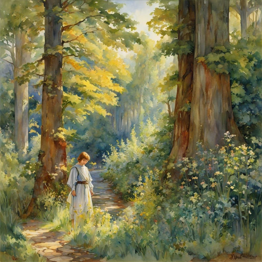 Ethereal Medieval Forest Scene in Vibrant Watercolor