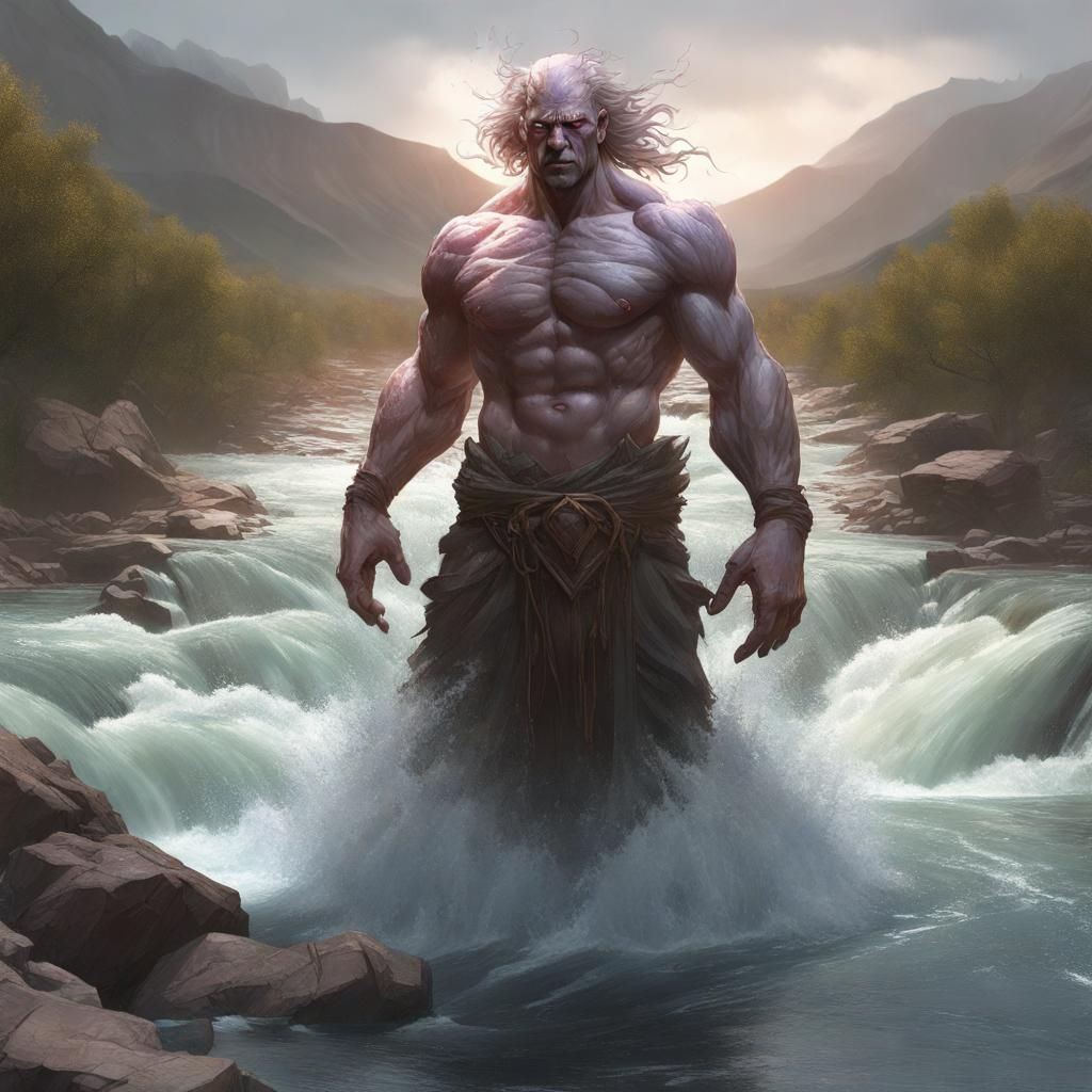 Flesh Golem Portrait with Raging River, Hyperdetailed