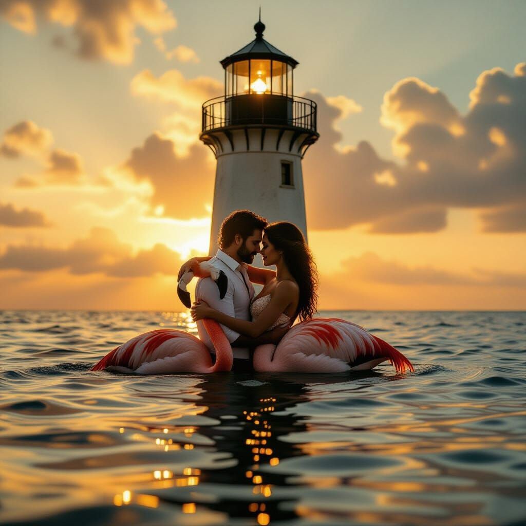 Flamingos Embrace in Mystical Lighthouse: Cinematic Film Sti...