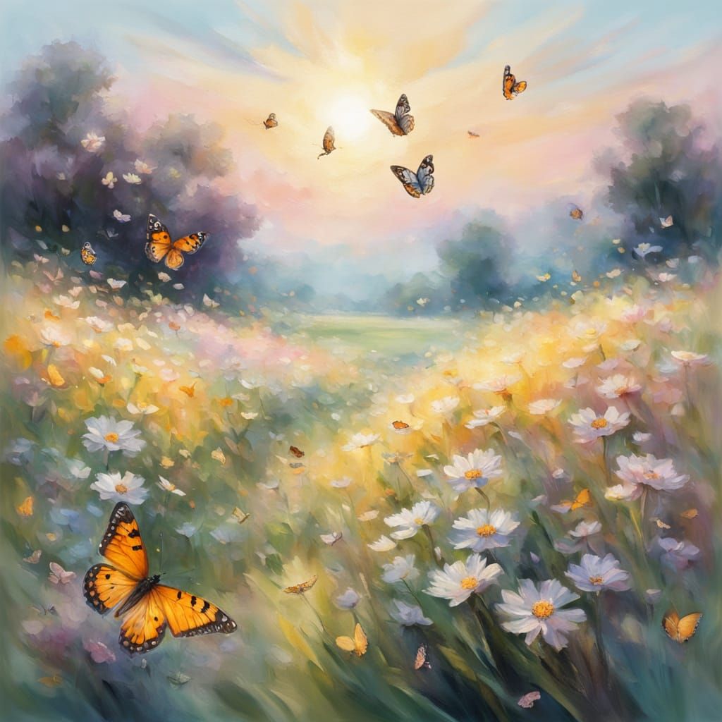 Impressionist Butterflies Dance Amidst Blooming Flowers