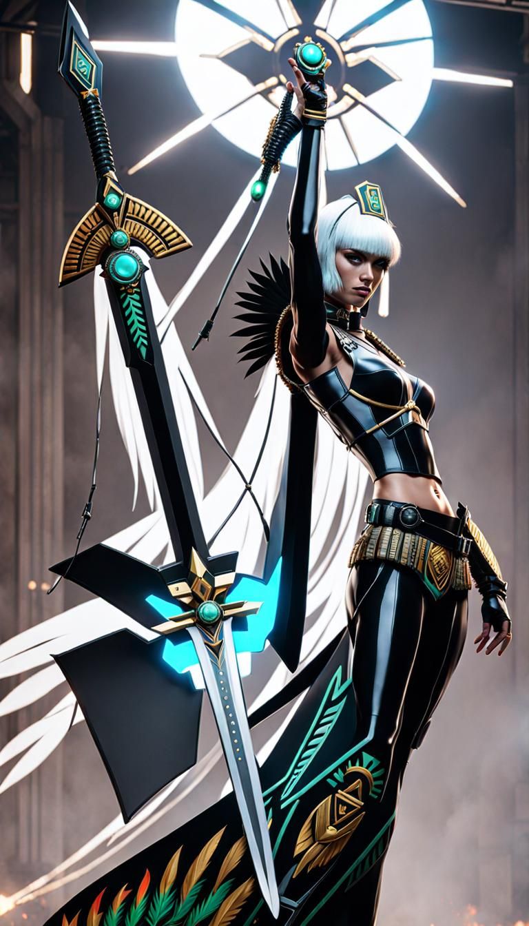 Aztec Warrior Woman with Flaming Sword in Cyberpunk Style