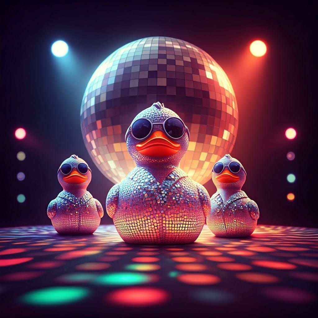 Vibrant Disco Ducks in Iridescent Jumpsuits