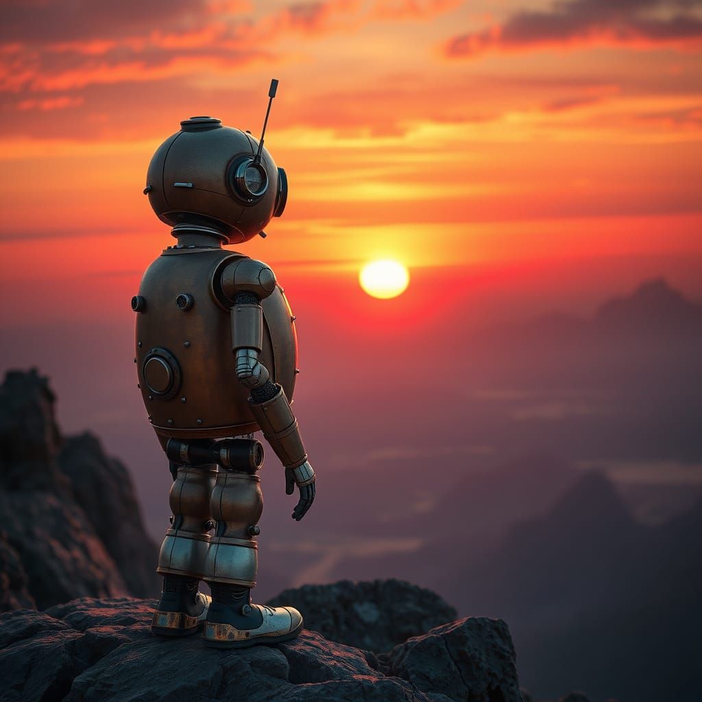 Retro-Futuristic Robot Contemplates Sunset on Distant Alien ...