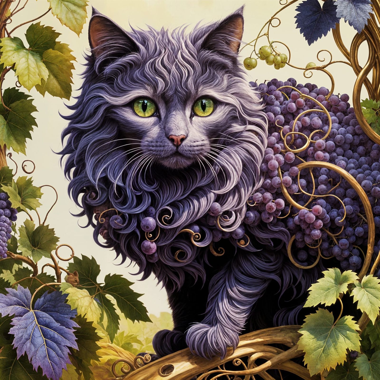Feline Vineyard Masterpiece in Vibrant Purple Hues