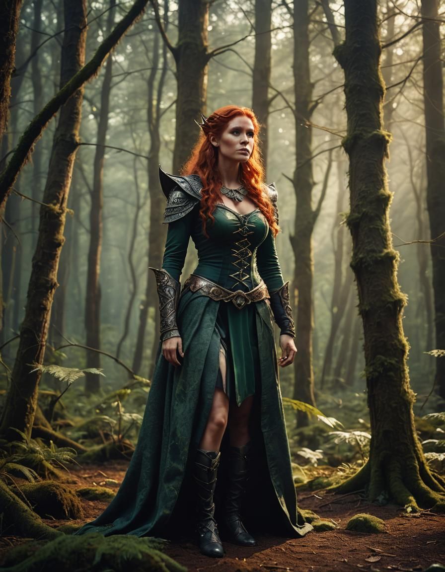 Voluptuous Red-Haired Elf in Mystical Forest