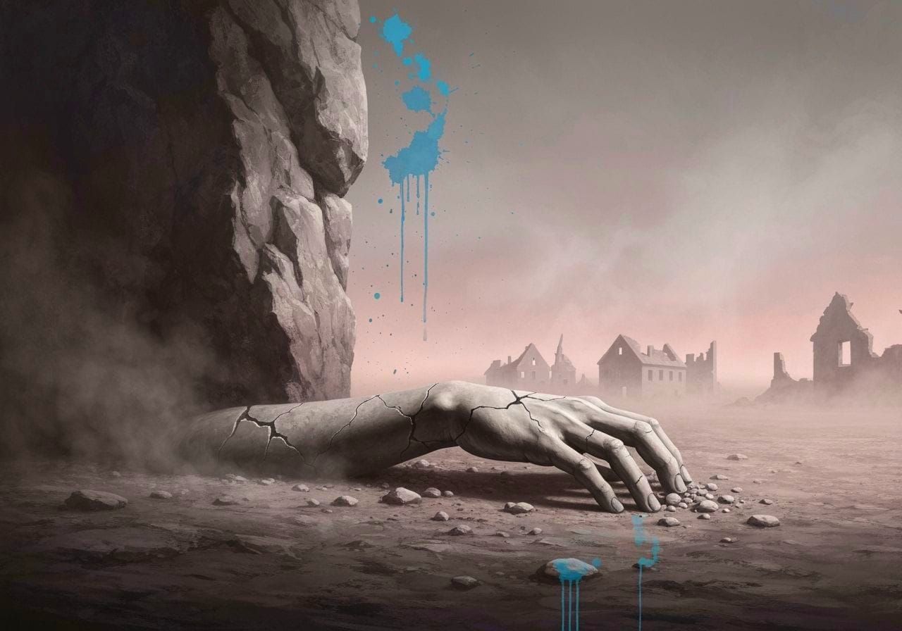 Cracked Stone Arm Clutches Dust in Ethereal Landscape