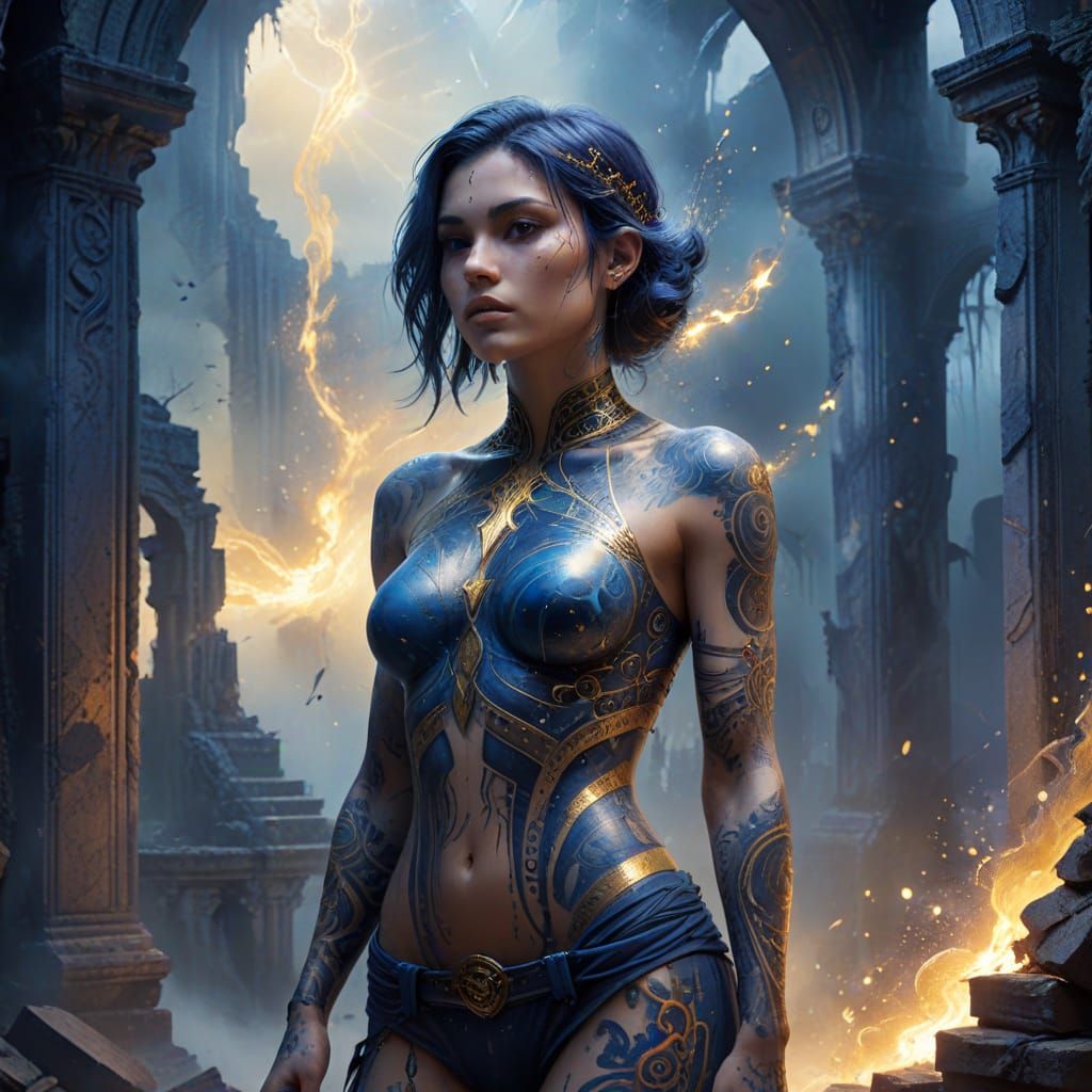 Woman with Glowing Celestial Tattoos in Ethereal Ruins