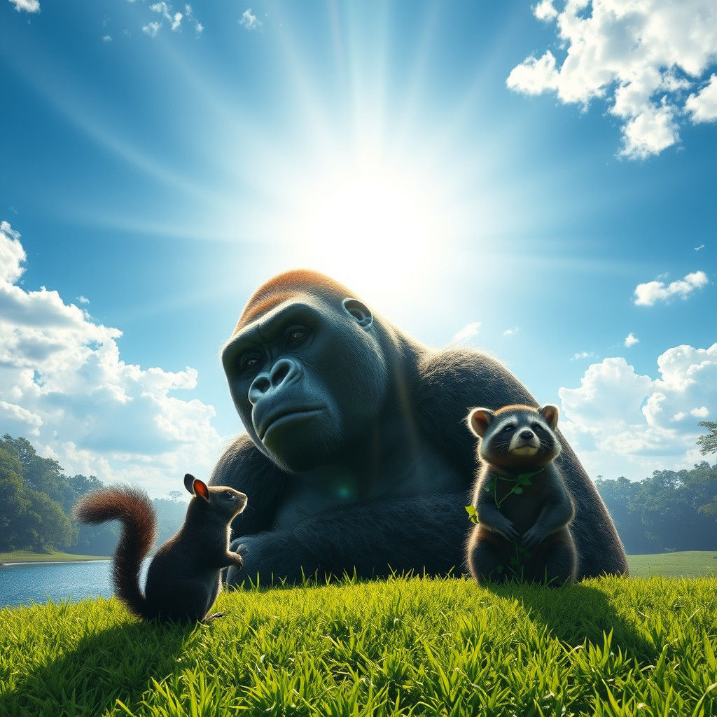 Gorilla Watching Squirrel and Racoon in Fantasy Landscape