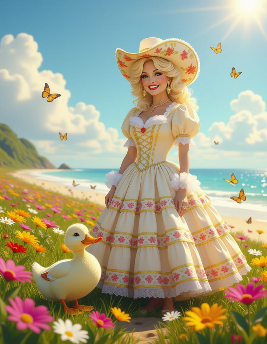 Dolly Parton in Flower Meadow, 3D Rendered Art