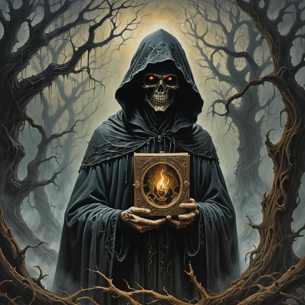 Hooded Figure with Necronomicon: Surrealist Oil Painting