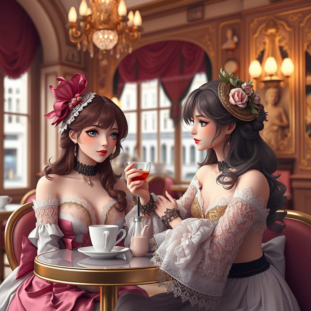 Elegant Women in Parisian Cafe, 8K-Grade Art