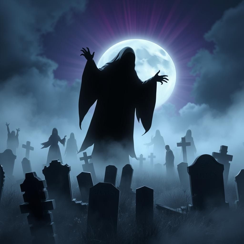Moonlit Graveyard with Ethereal Glowing Ghosts