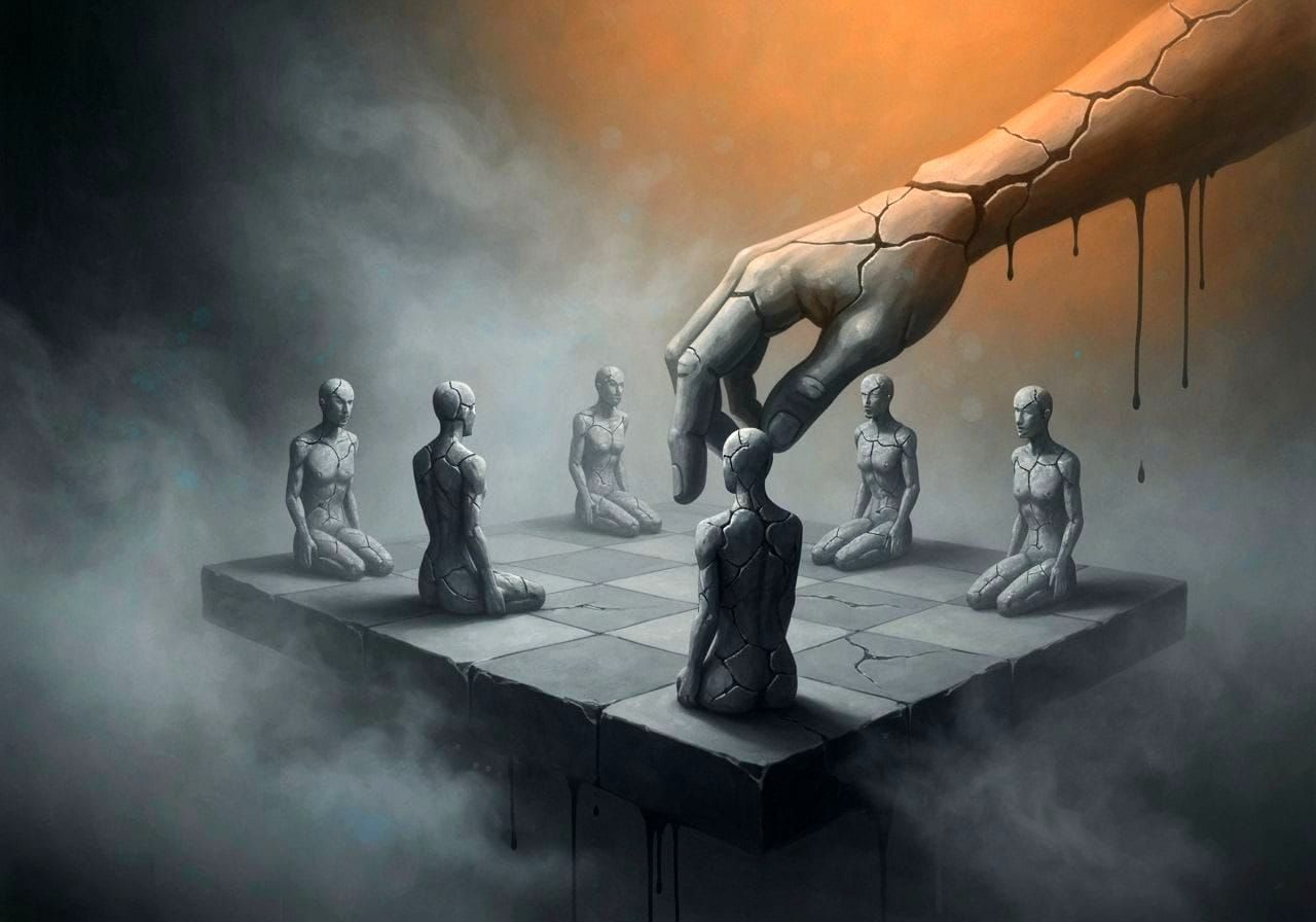 Surreal Stone Chess Game in Ethereal Mist