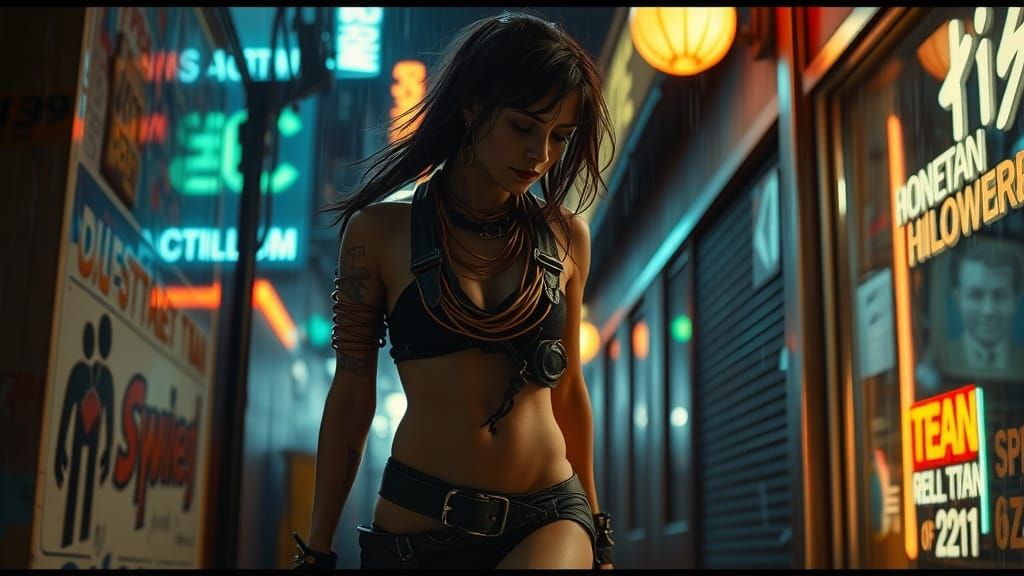 Steampunk Street Scene with Neon Reflections and Cinematic L...