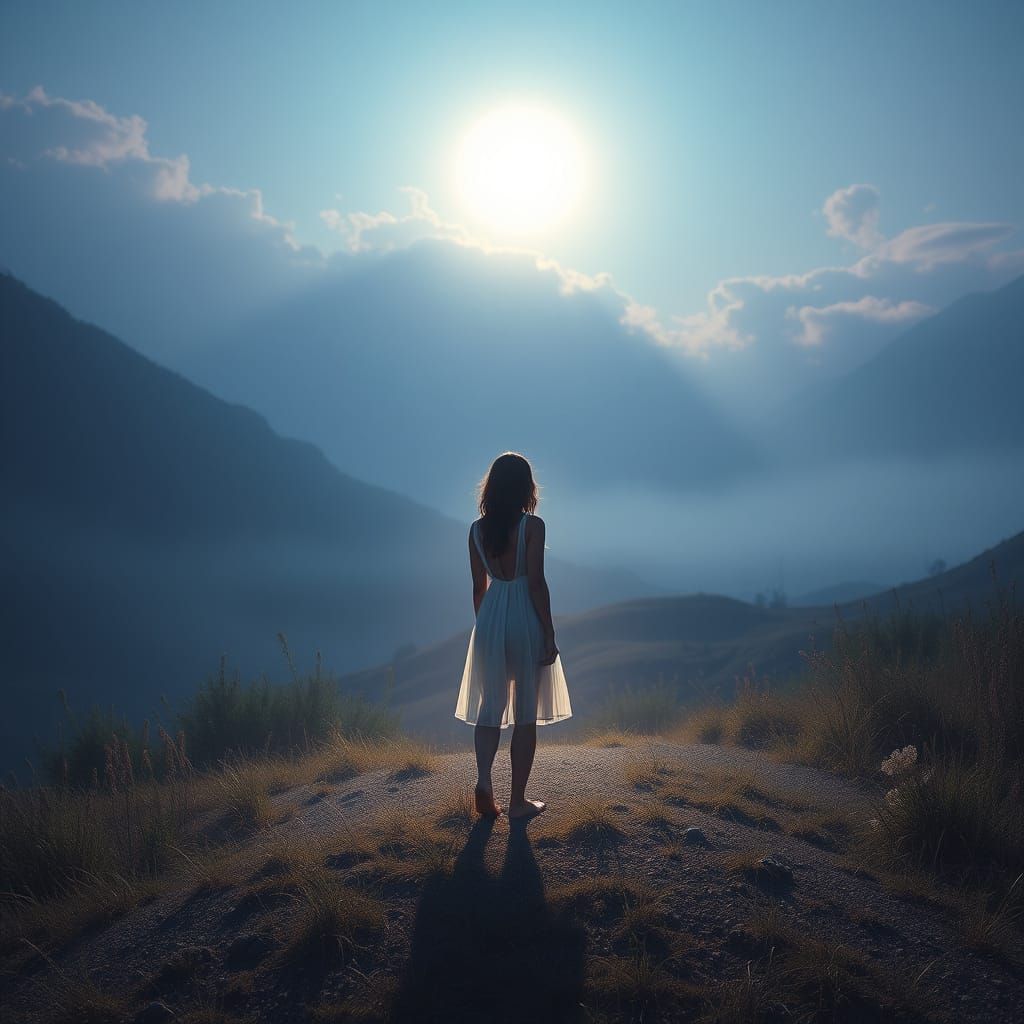 Ethereal Moonlight Landscape with Volumetric Lighting