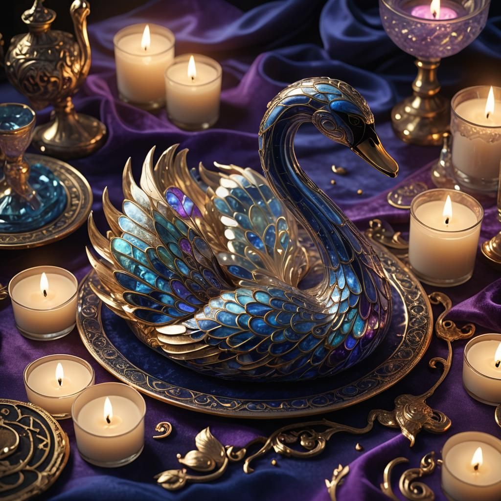 Enameled Glass Swan Figurine in Fantasy Concept Art Style