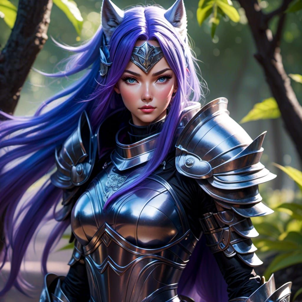Female Knight in Neon Armor with Wolf Ears