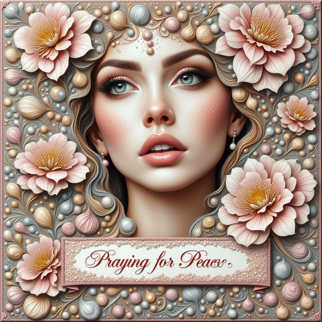 Serene Woman in Quilted Floral Background with Golden Glow