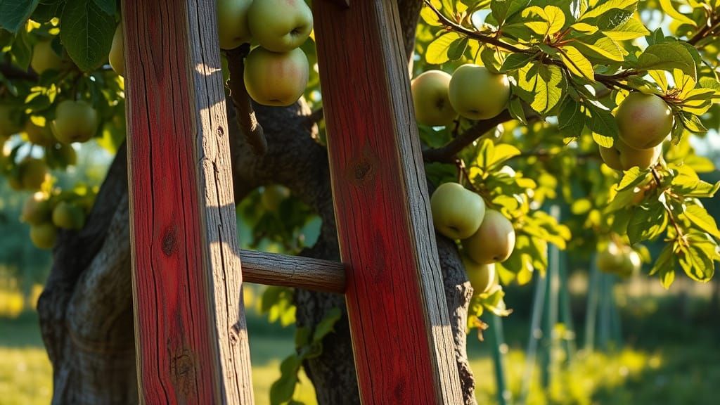Weathered Ladder Harvests Apples in Sun-Dappled Garden