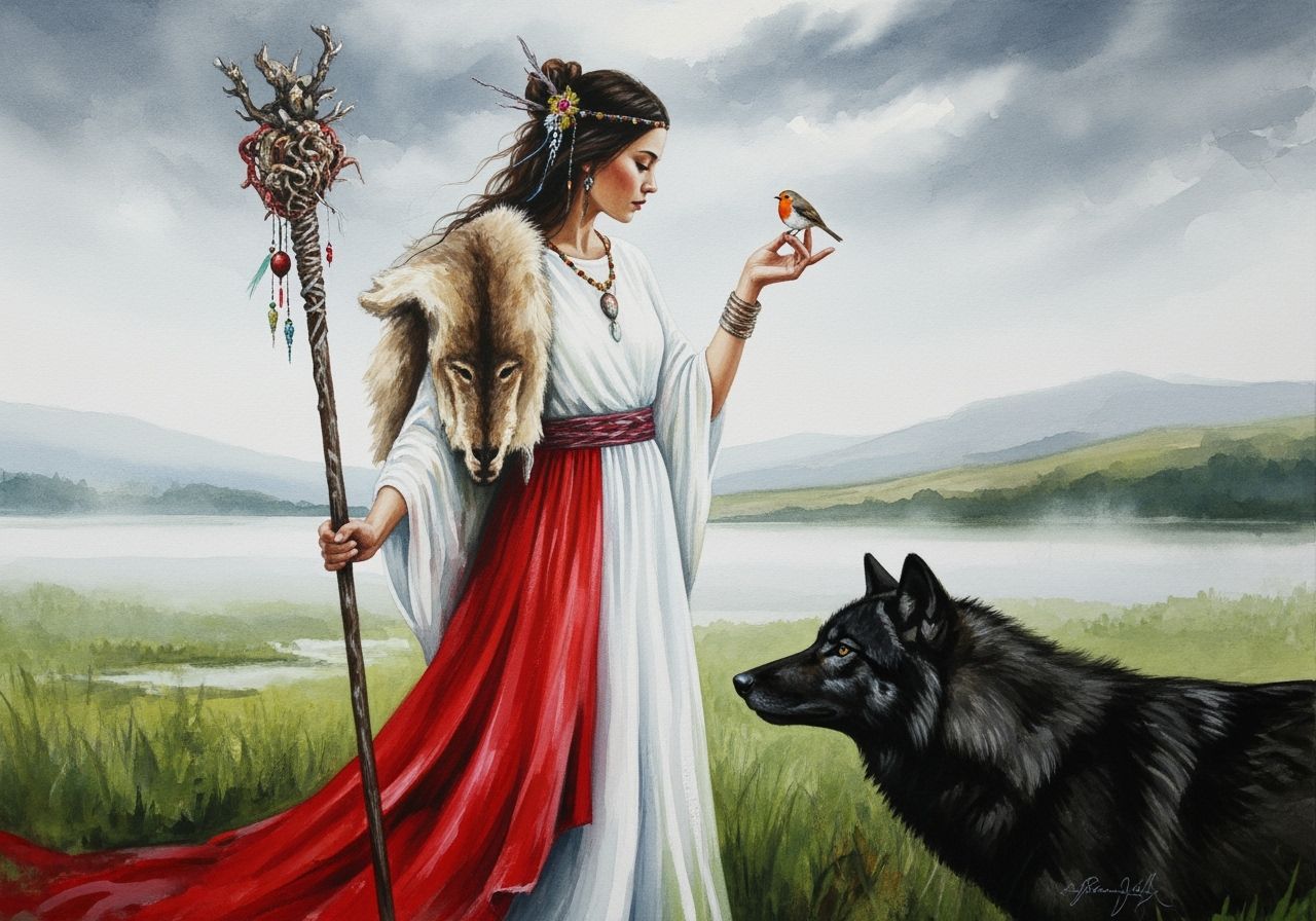 Woman with Robin Bird in Impressionist Watercolor