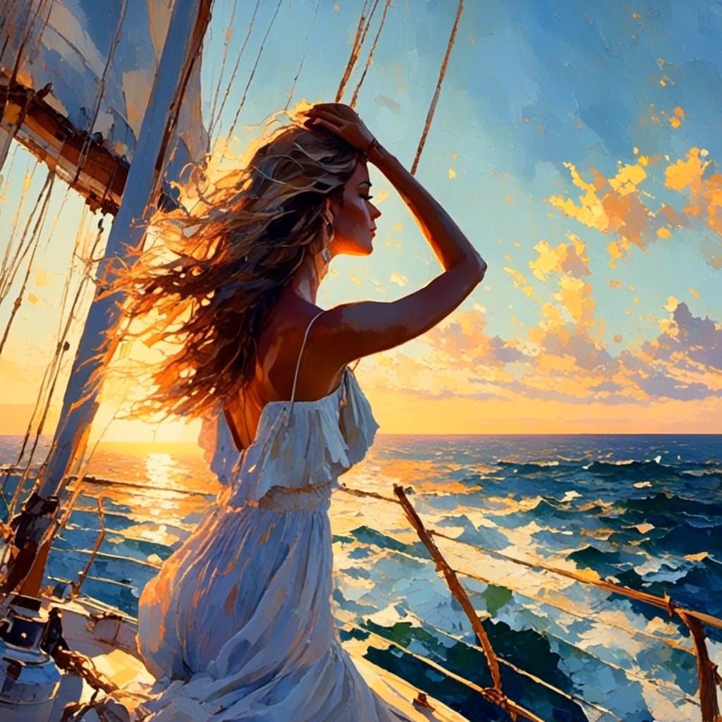 Woman on Sailboat in Watercolor Impressionism Style