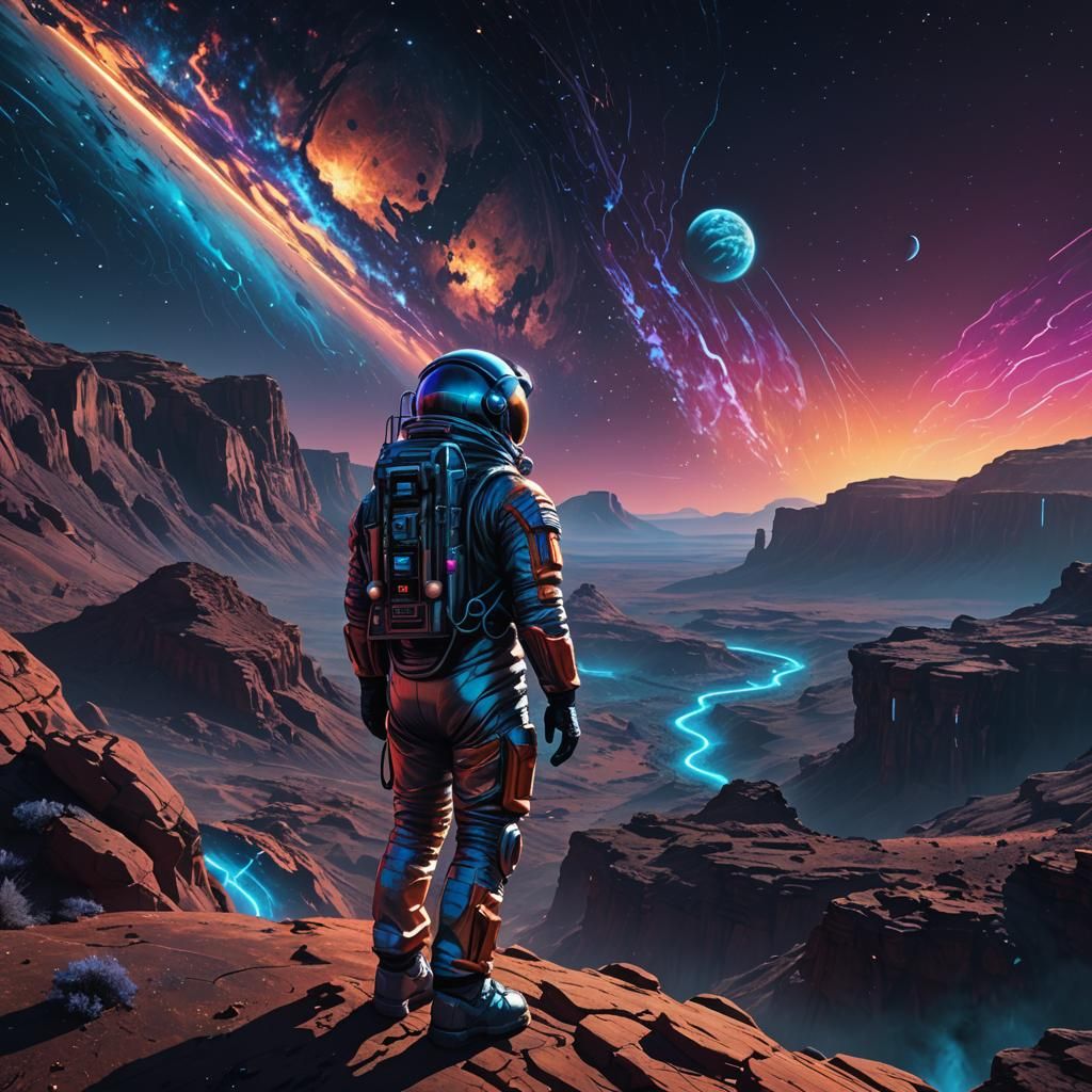 Astronaut on Alien Planet in Neon Digital Art