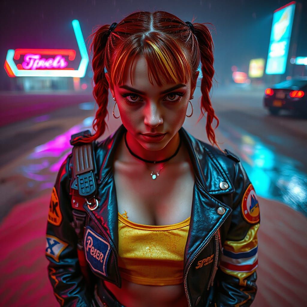 Glowing Red Eyes Cyberpunk Warrior in Neon Desert City