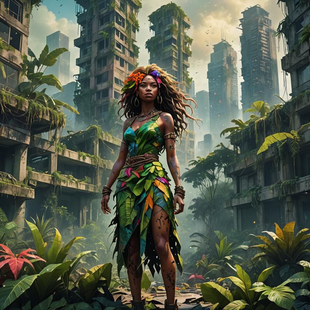 Jungle Girl in Abandoned Cityscape: Vibrant Concept Art