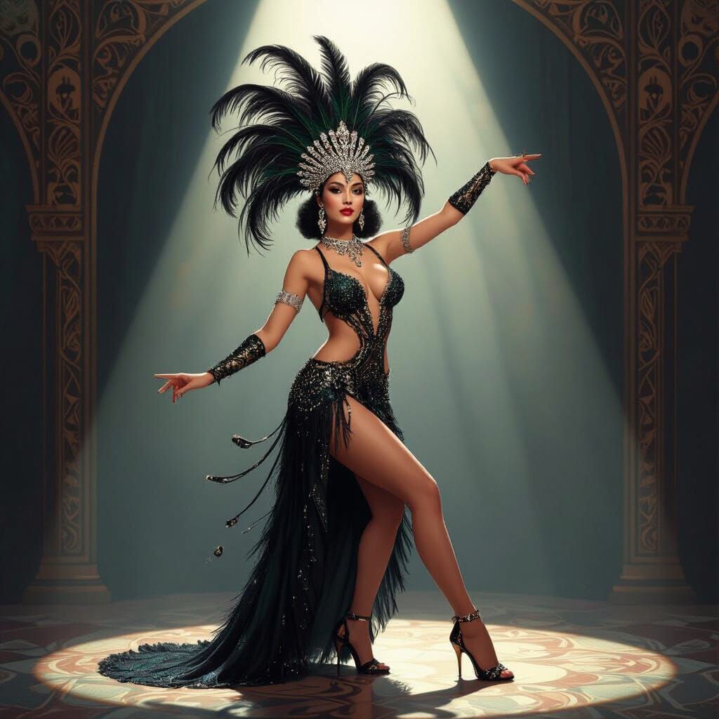 Cabaret Dancer in Feathered Headdress, Art Nouveau Style