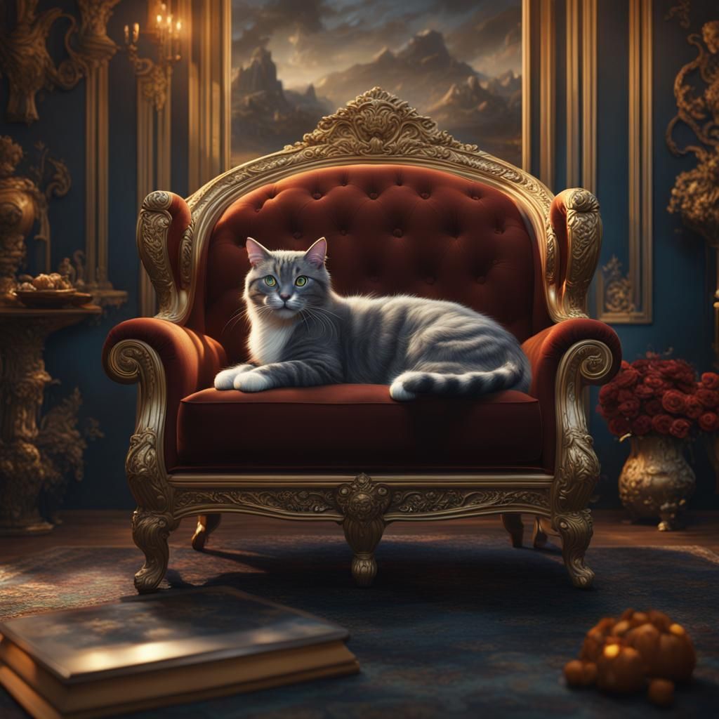 Detailed Cat Portrait on Sofa, Fantasy Concept Art