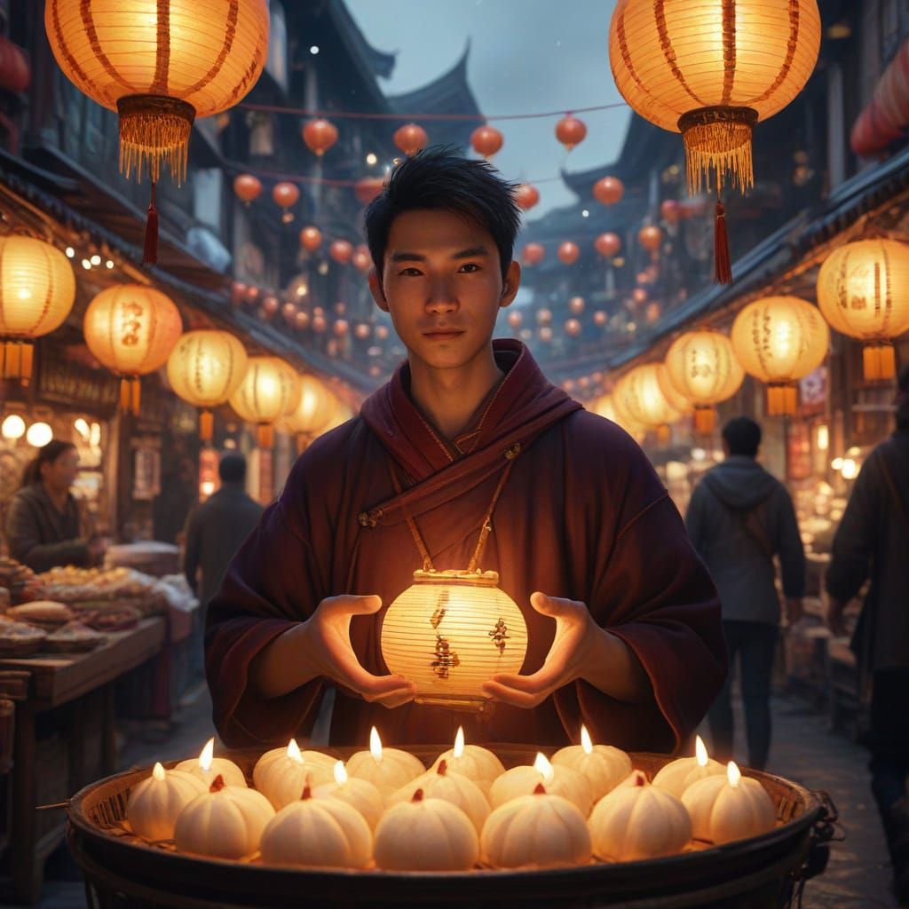 Fantasy Market Scene with Steaming Bao, Digital Art