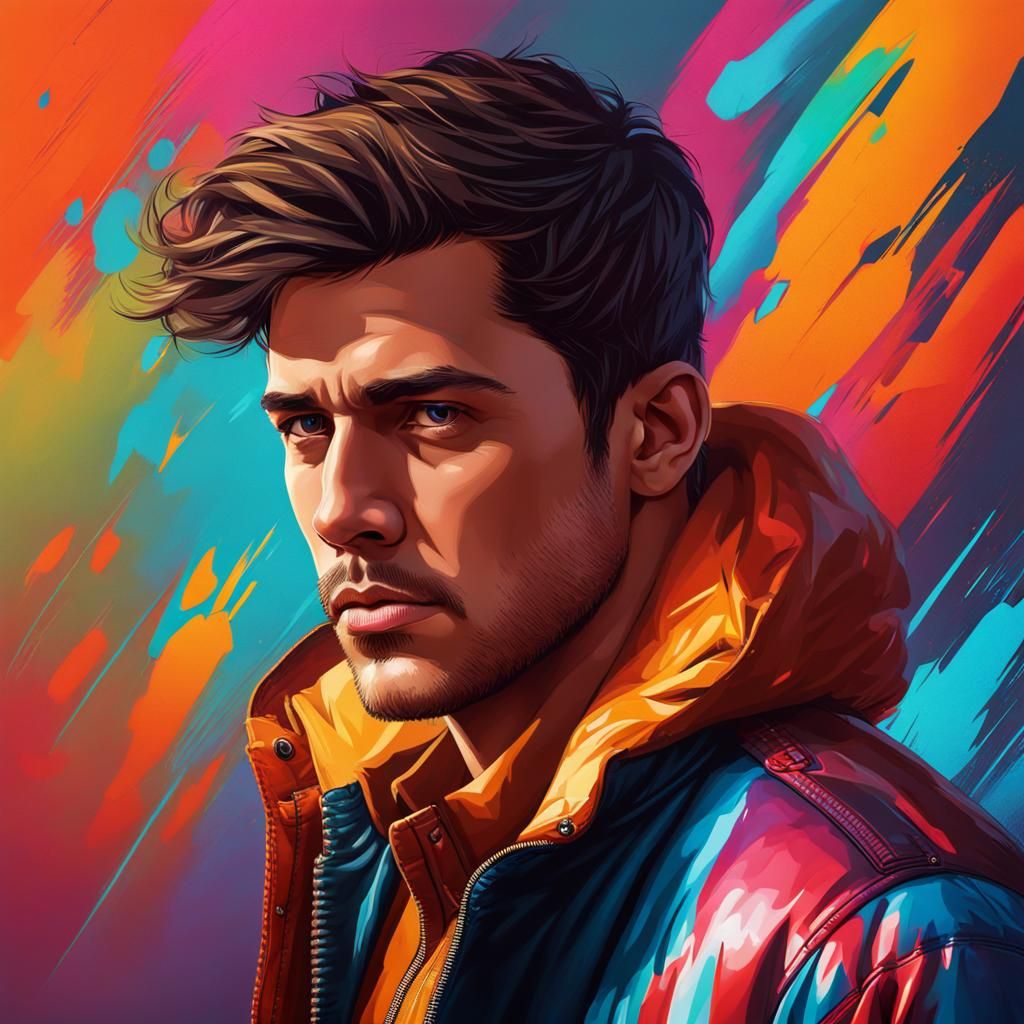Handsome Man in Bomber Jacket: Hyperrealistic Splash Art