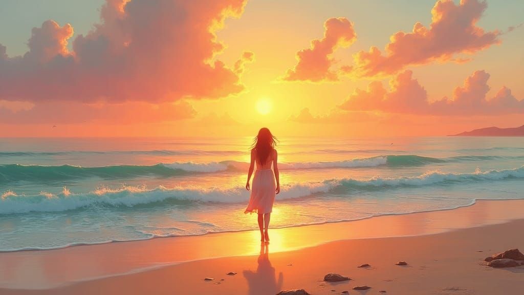 Woman Watching Sunset in Impressionistic Style