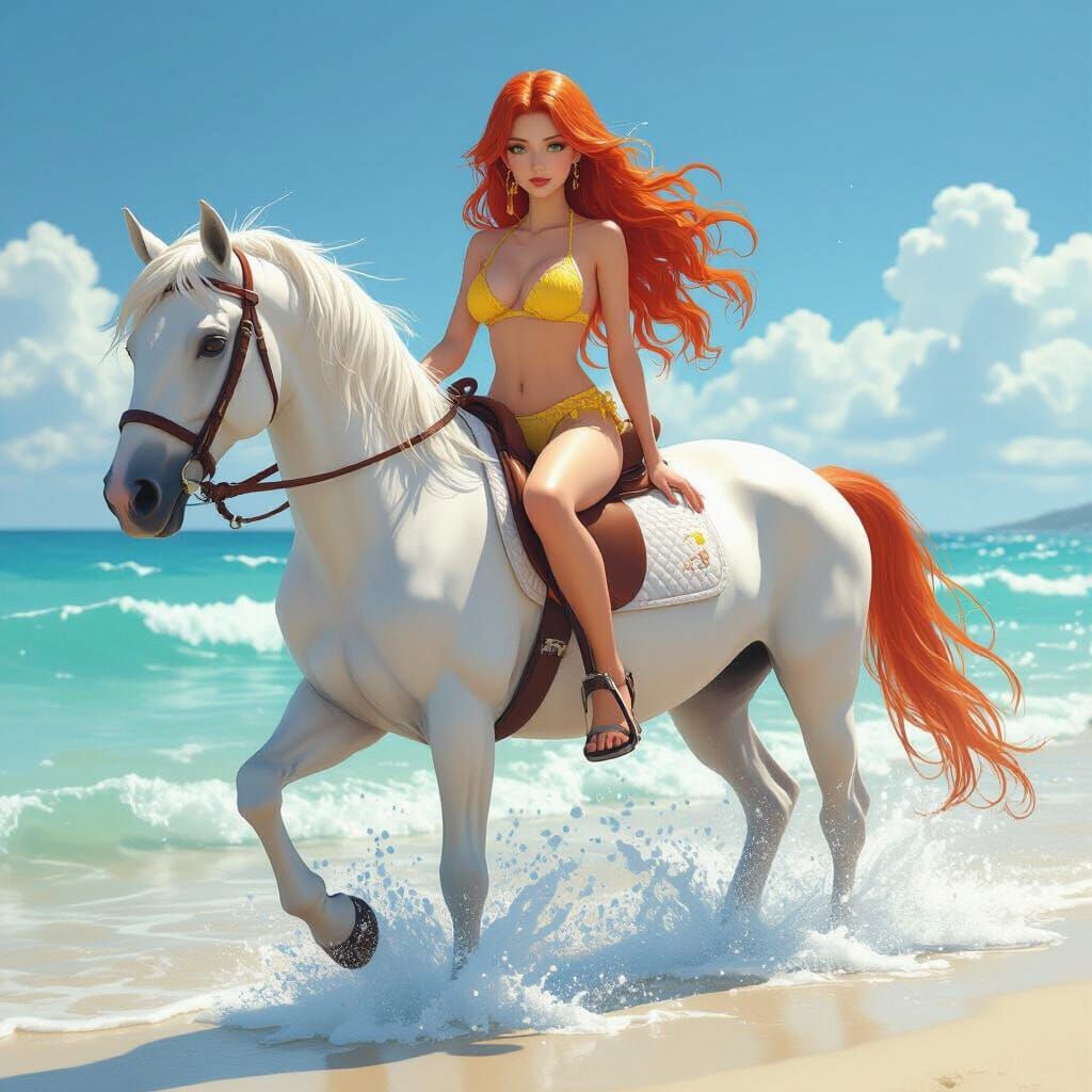 Redhead Model on White Stallion: 3D Anime Art