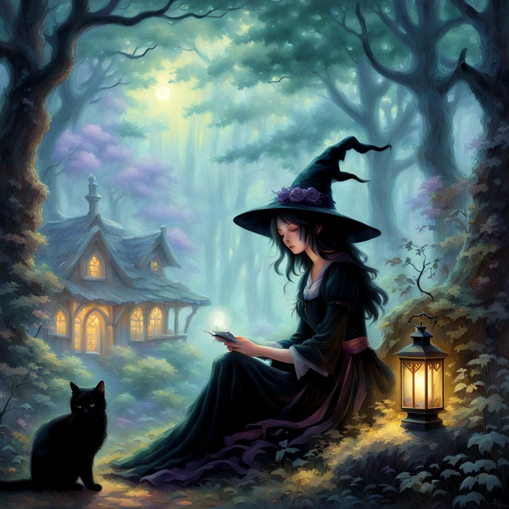 Anime Witch and Cat Sleeping in Forest