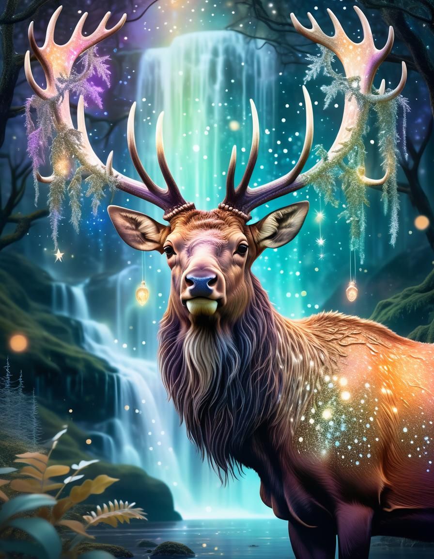 Ethereal Elk with Crystalline Planet: Dreamy Illustration