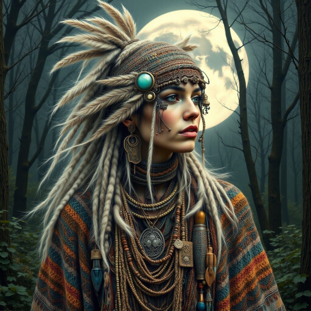 Tribal Goddess Under Full Moonlit Forest