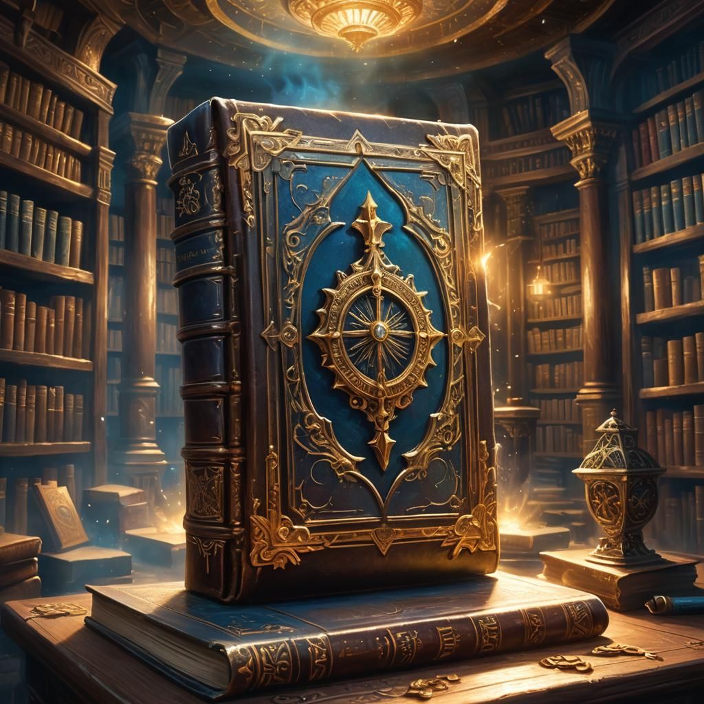 Mystical Book on Pedestal in Fantasy Library