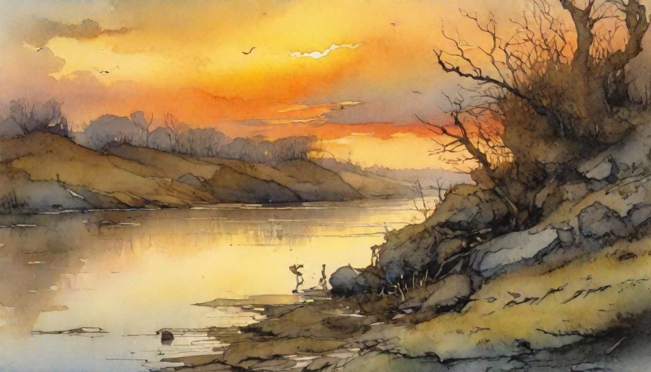 Watercolor River Scene at Sunset