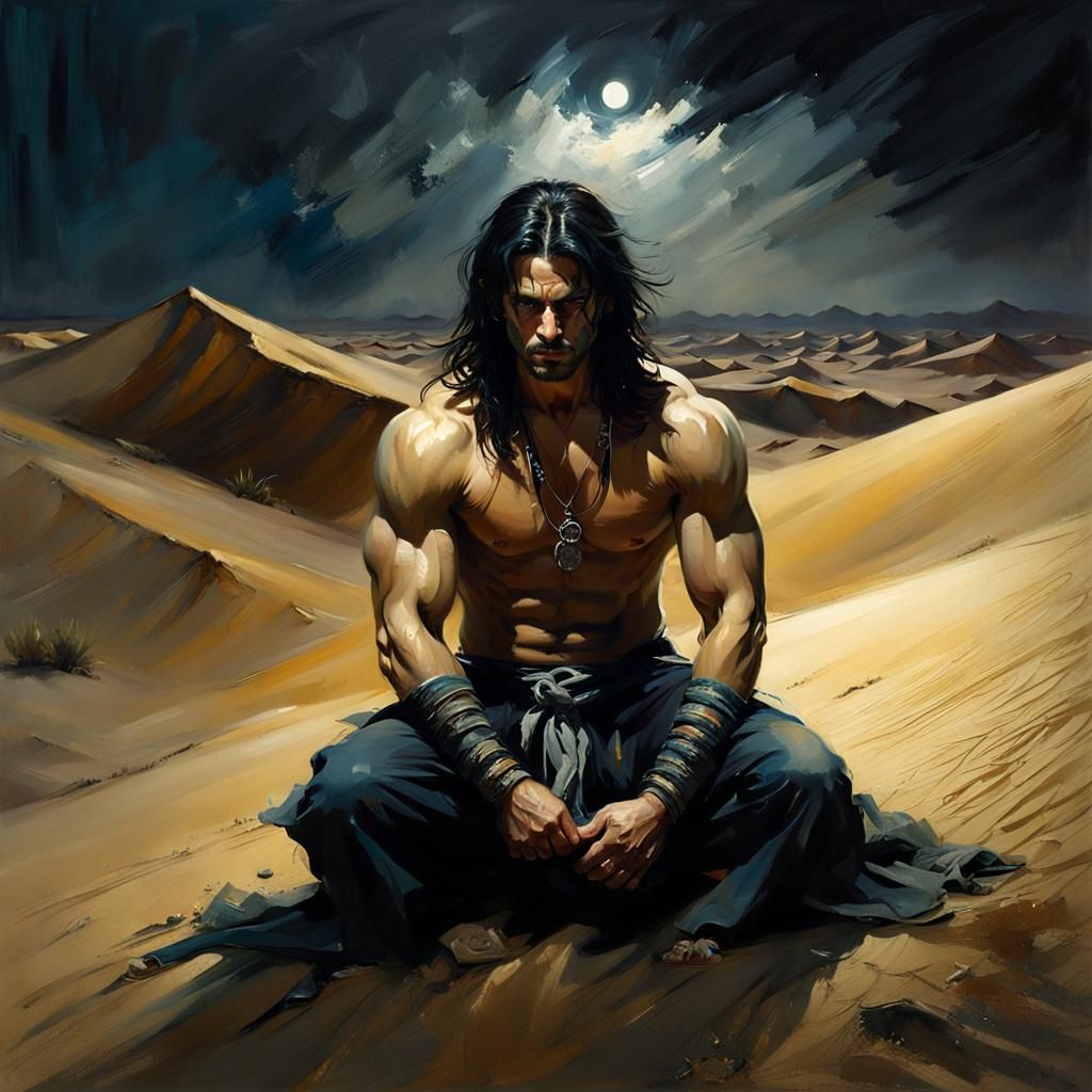 Striking Desert Portrait of Kneeling Man