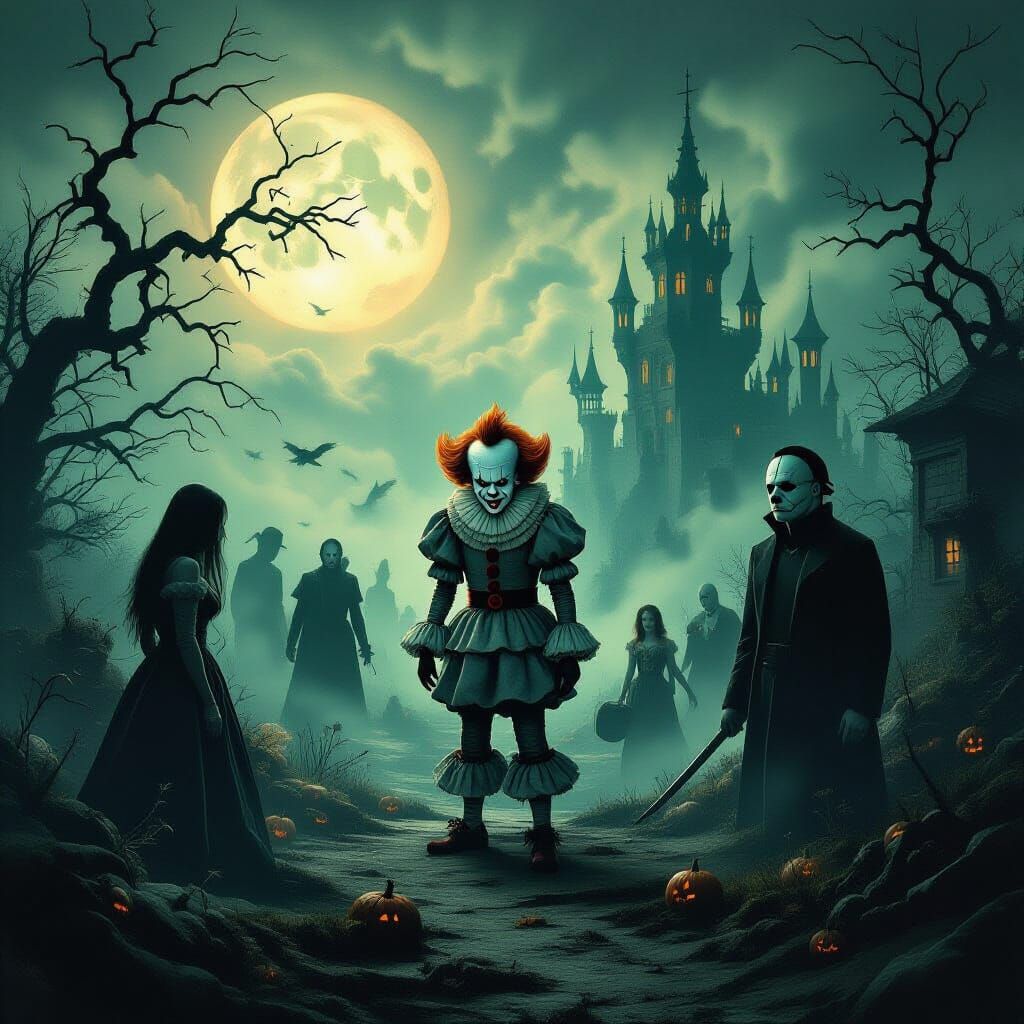 Horror Icons in a Dark Surrealist Dreamscape