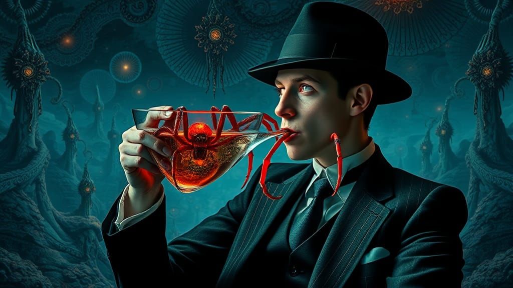 Magritte-Style Gentleman Drinks Spider Elixir