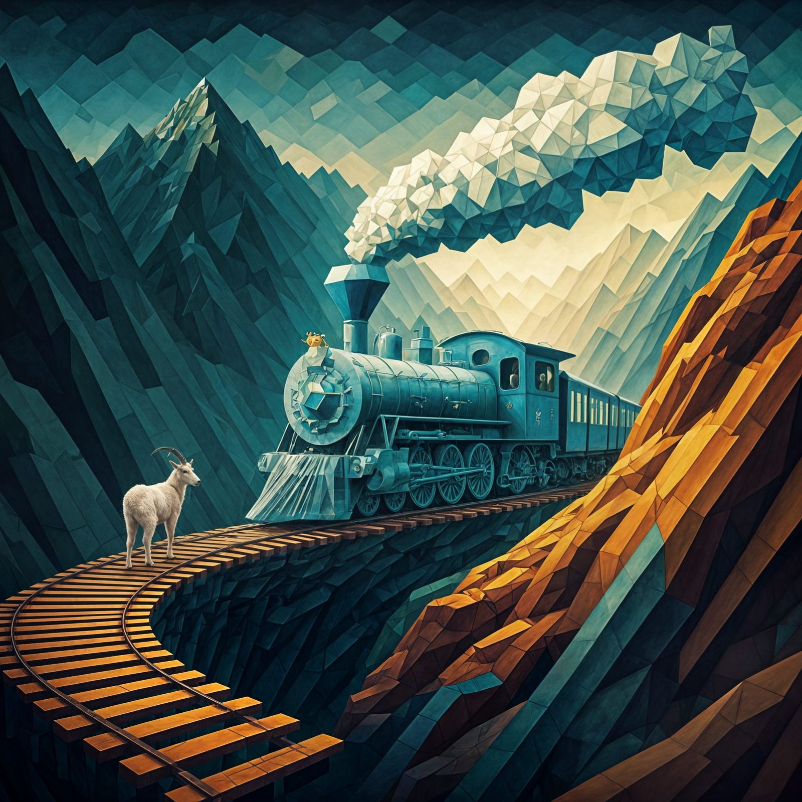 Cubist Mountain Train Ascends the Cubist Pass