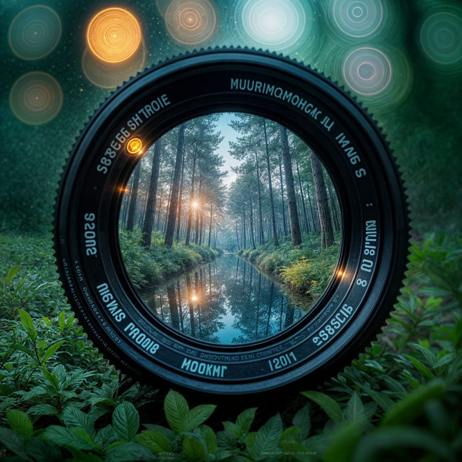 Bioluminescent Forest Reflected in Vintage Lens: Macro Photo...