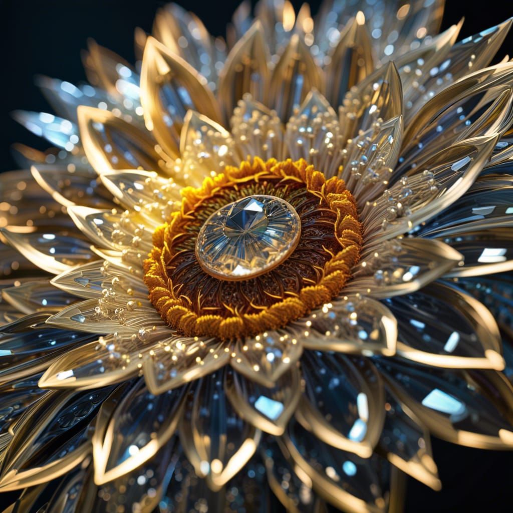 Intricate Crystal Sunflower in Micro Photography